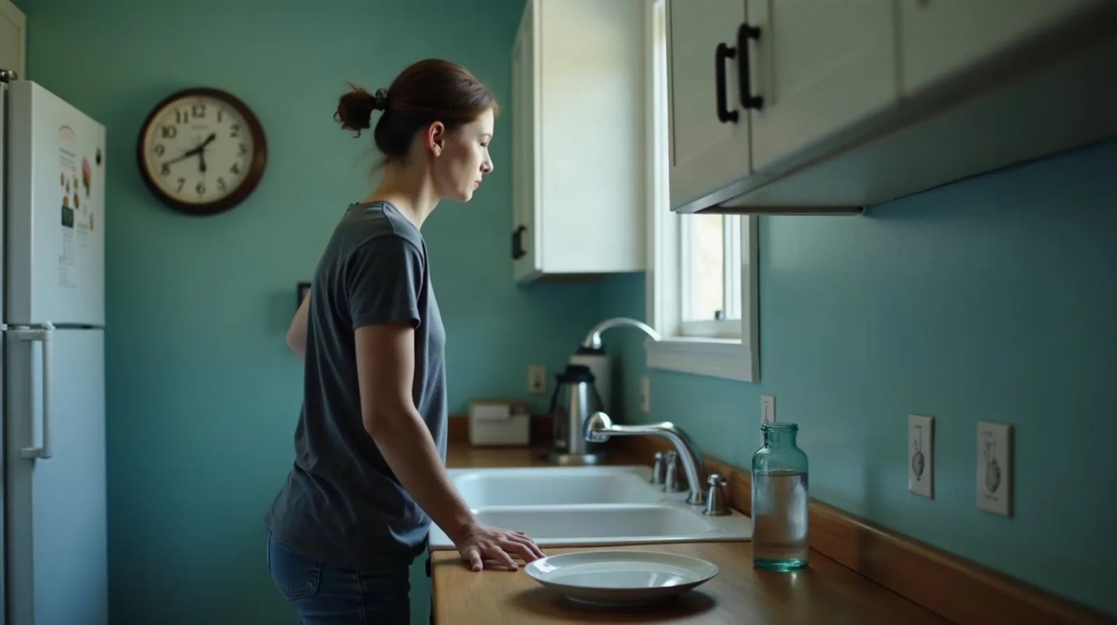 A person standing at a kitchen counter in early morning light with one hand on the open refrigerator door, glancing toward a round wall clock above the stove, an empty plate and a glass of water set out on the counter