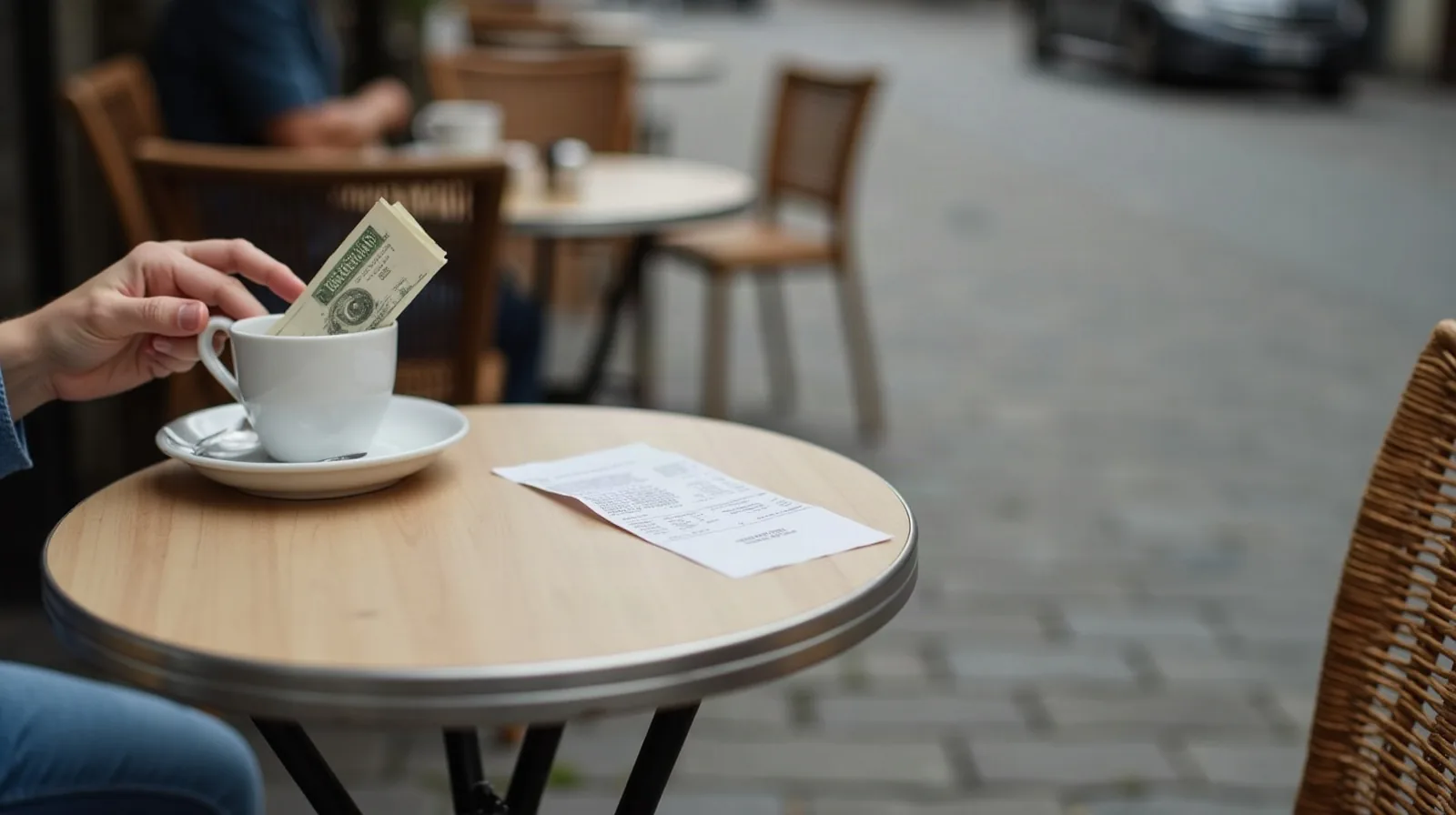 A hand tucking a few folded paper bills under the edge of a saucer beside a coffee cup and a printed receipt on a small outdoor café table, with woven bistro chairs and a cobblestone street visible beyond