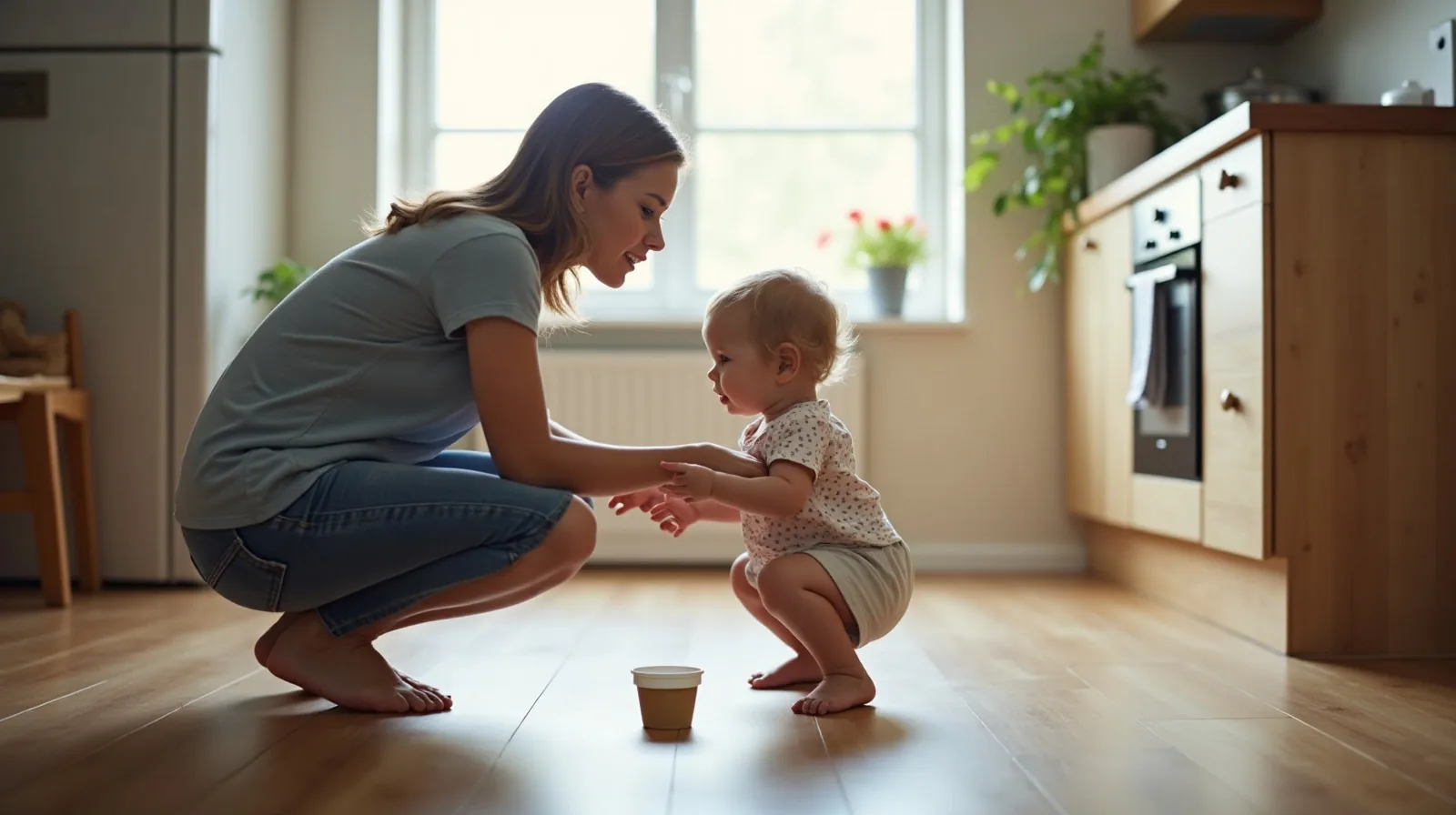 A parent seen from behind crouches to toddler height on a kitchen floor beside a small child facing the window, a spilled snack cup between them