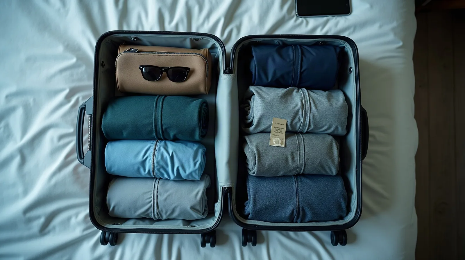 Overhead view of a carry-on suitcase open flat on a bed, neatly rolled clothing in blue and gray tones packed on both sides, a small zippered pouch and sunglasses tucked in one corner, and a phone resting on the bed just above the suitcase