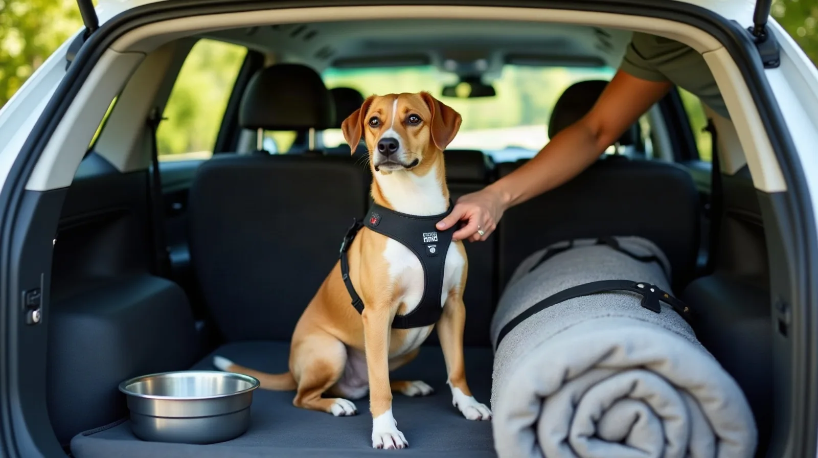 A hand adjusting the clip of a dog's car safety harness in the back seat of a car, the dog sitting calmly beside a rolled travel towel and a collapsible water bowl, a packed duffel bag and leash resting in the footwell, green trees visible through the open window