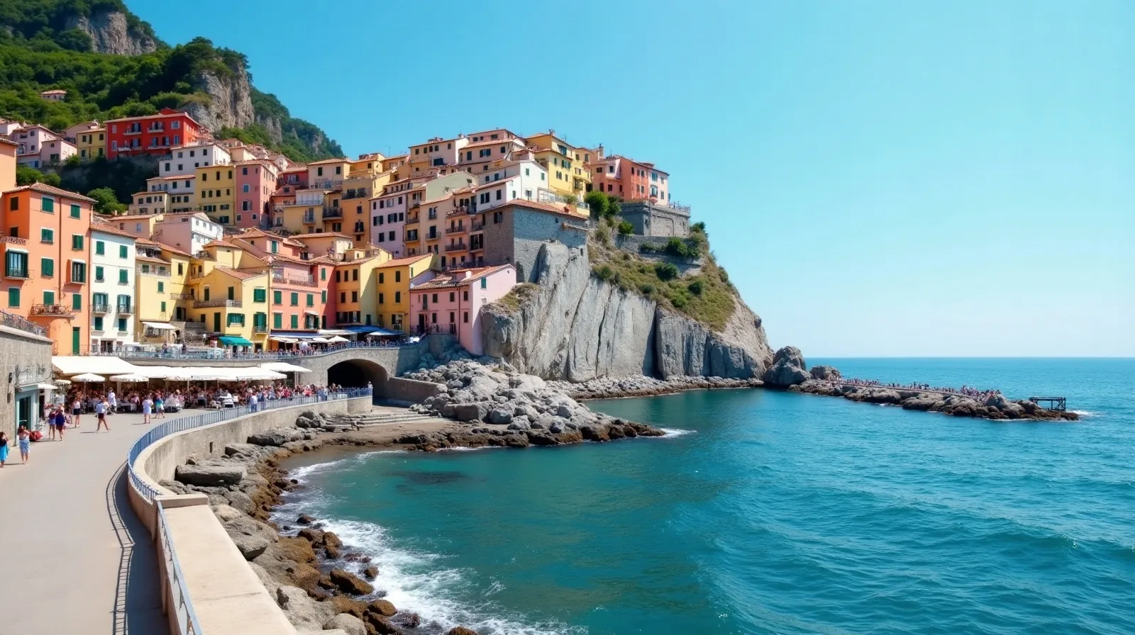 A hillside coastal town with pastel houses above a curved harbor, ferries at the pier and tiny figures walking the seawall