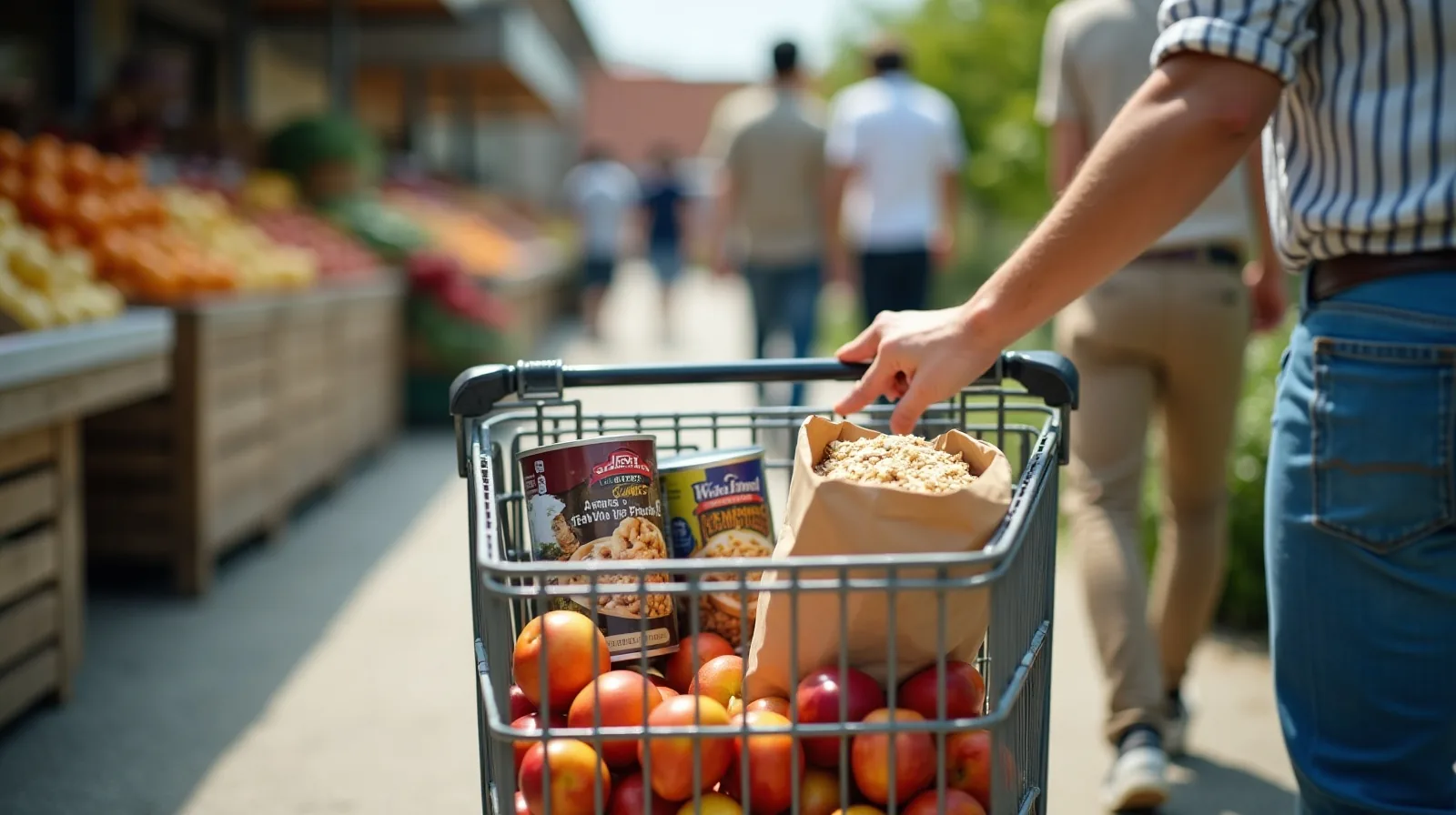 A shopper seen from behind pushing a grocery cart past produce displays while reaching for loose apples