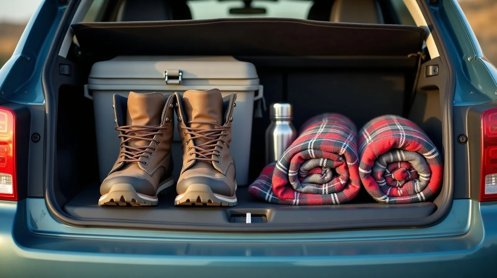 Hiking boots and a soft cooler packed into a car hatch beside a rolled blanket and a thermos