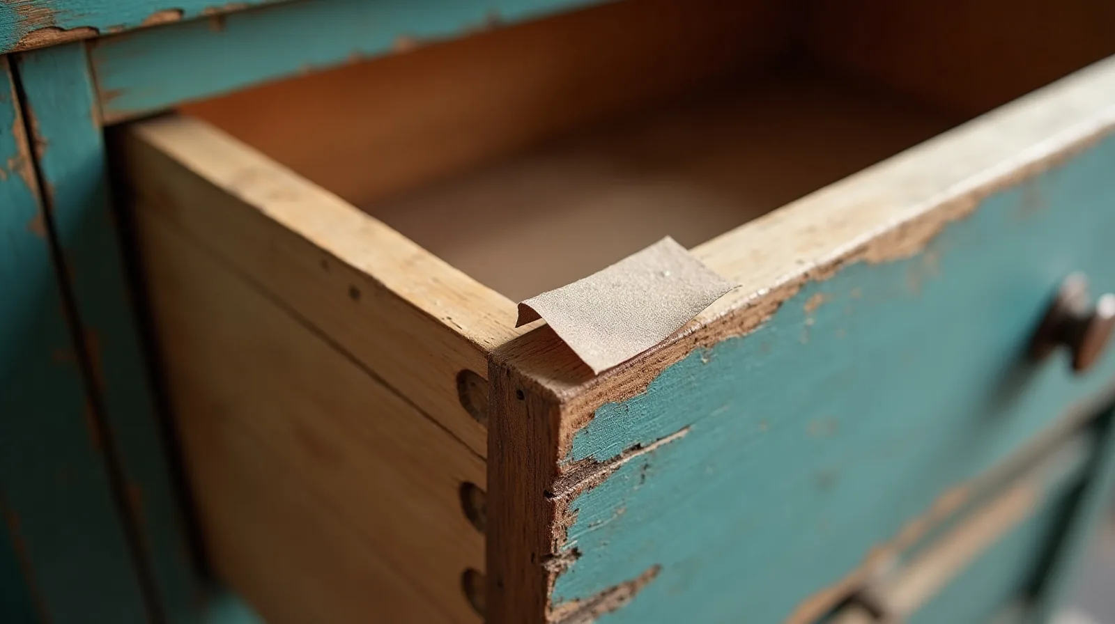 The corner of an old wooden drawer with interlocking joinery, one face half sanded to raw grain, with a folded square of sandpaper resting on it