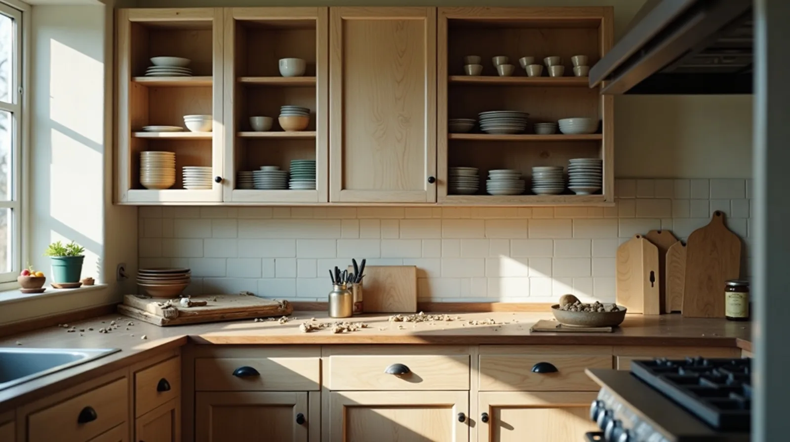 A small kitchen mid-refresh with upper cabinet doors removed to show stacked dishes and cabinet doors laid flat across sawhorses