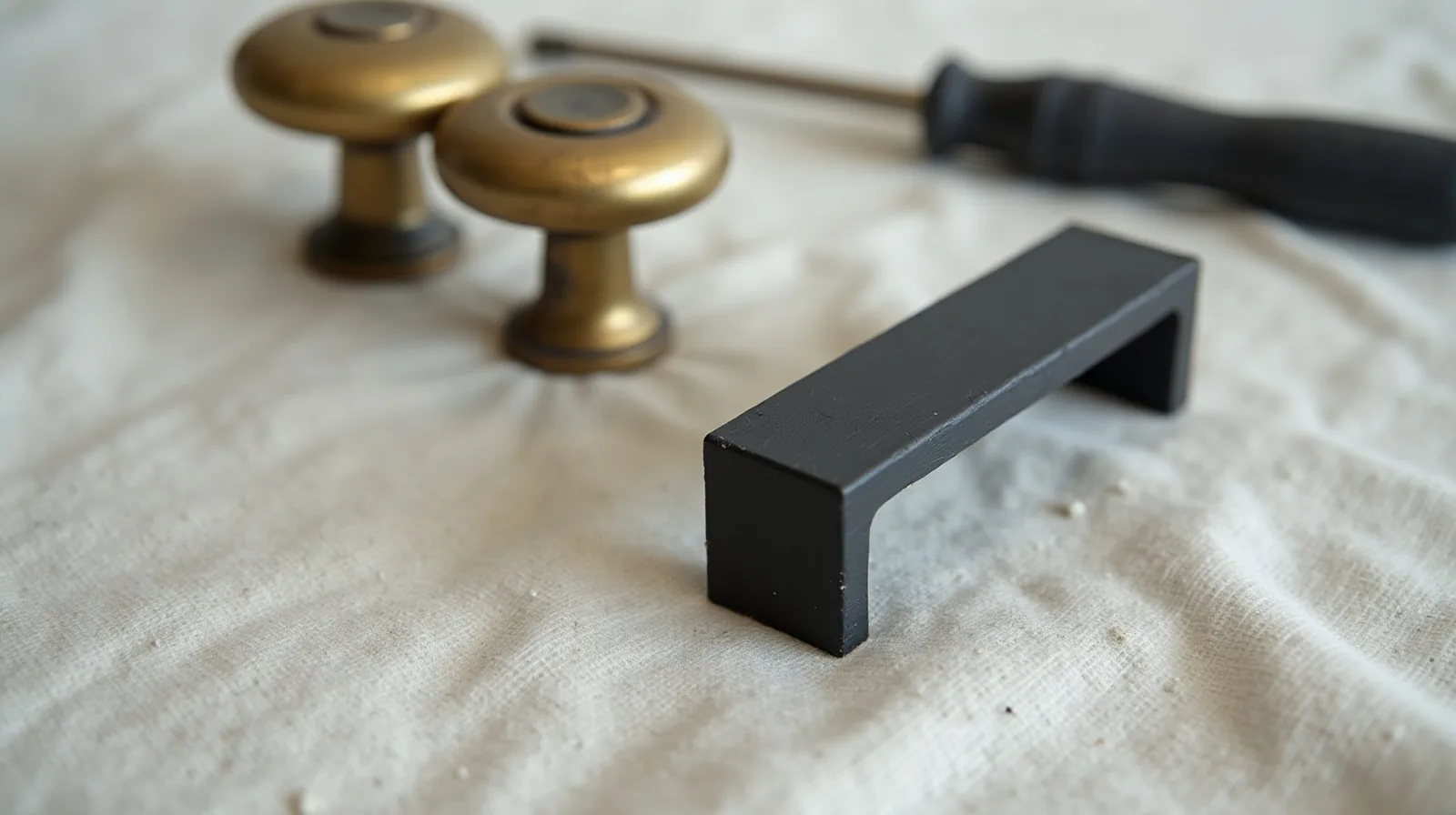 A new matte-black cabinet pull beside two dated painted-over brass knobs and a screwdriver on a paint-flecked drop cloth