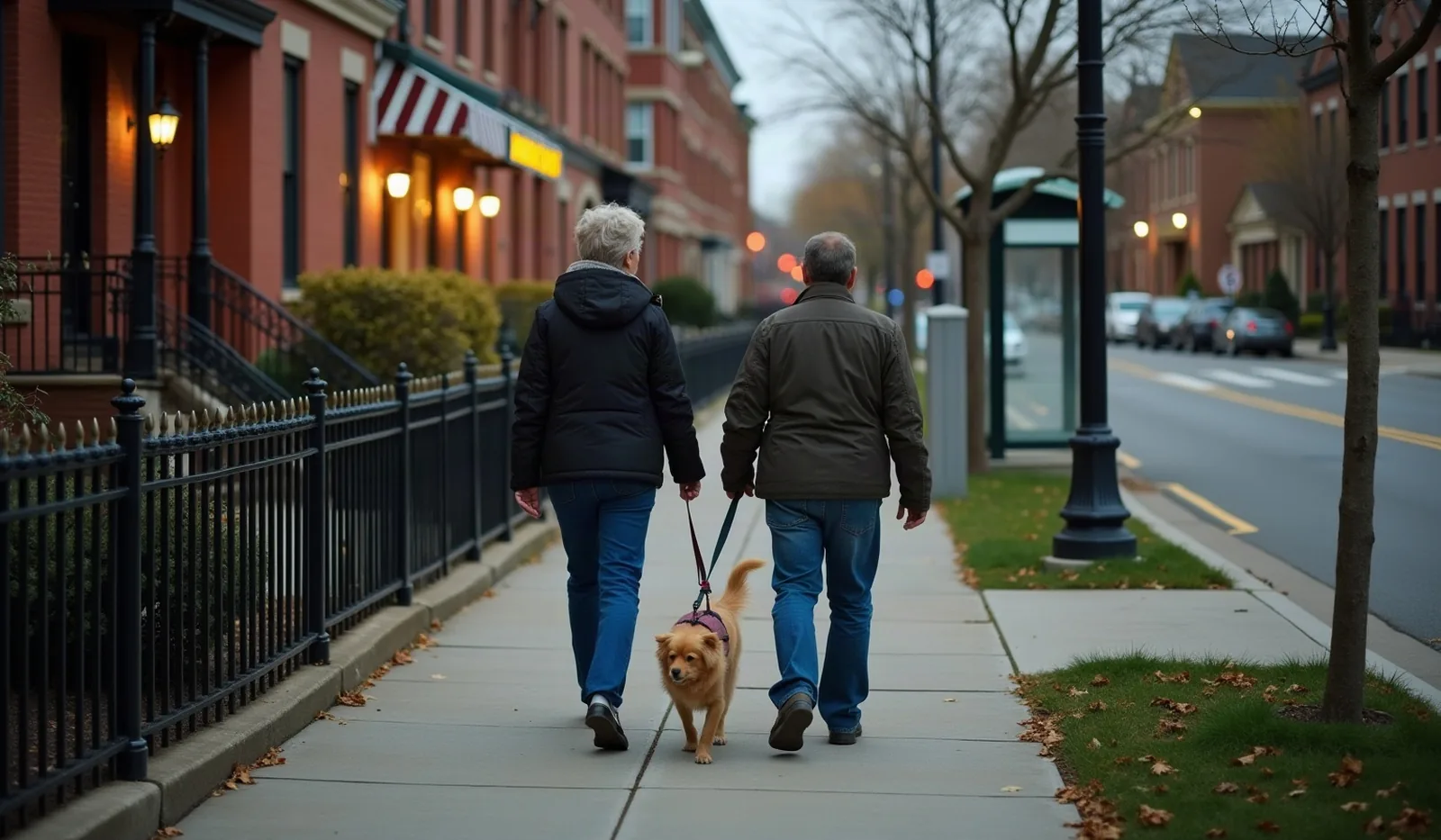 Two neighbors seen from behind and at a distance strolling side by side down a wide residential sidewalk in the early evening, one holding the leash of a small dog, brick row houses with lit porch lights on one side and a crosswalk and bus shelter ahead