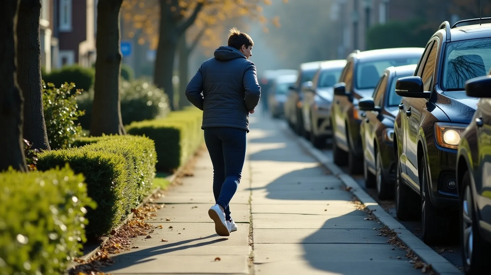 A walker in profile striding up a steep residential sidewalk hill with arms bent and swinging