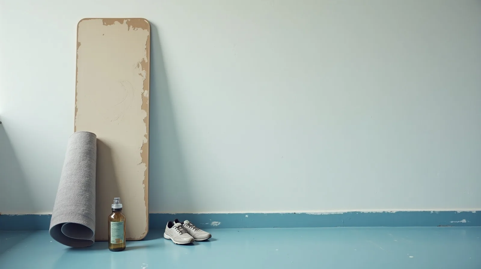 A bare gym wall with a rolled exercise mat leaning against it, a folded towel, a water bottle and worn training shoes set on the floor beside a scuffed baseboard