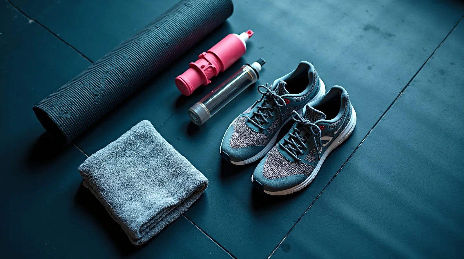 Running shoes, a rolled exercise mat, a water bottle, and a folded towel laid out on a gym floor