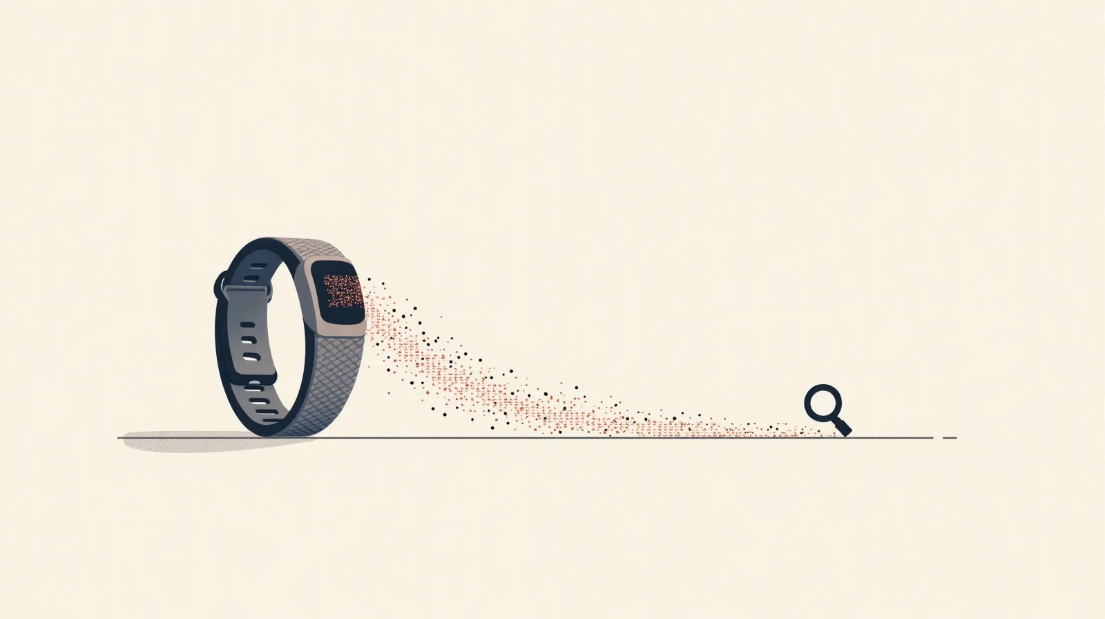Flat illustration of a fitness wristband trailing a ribbon of dots that form a smooth rising trend line, with a magnifying glass over one stray dot