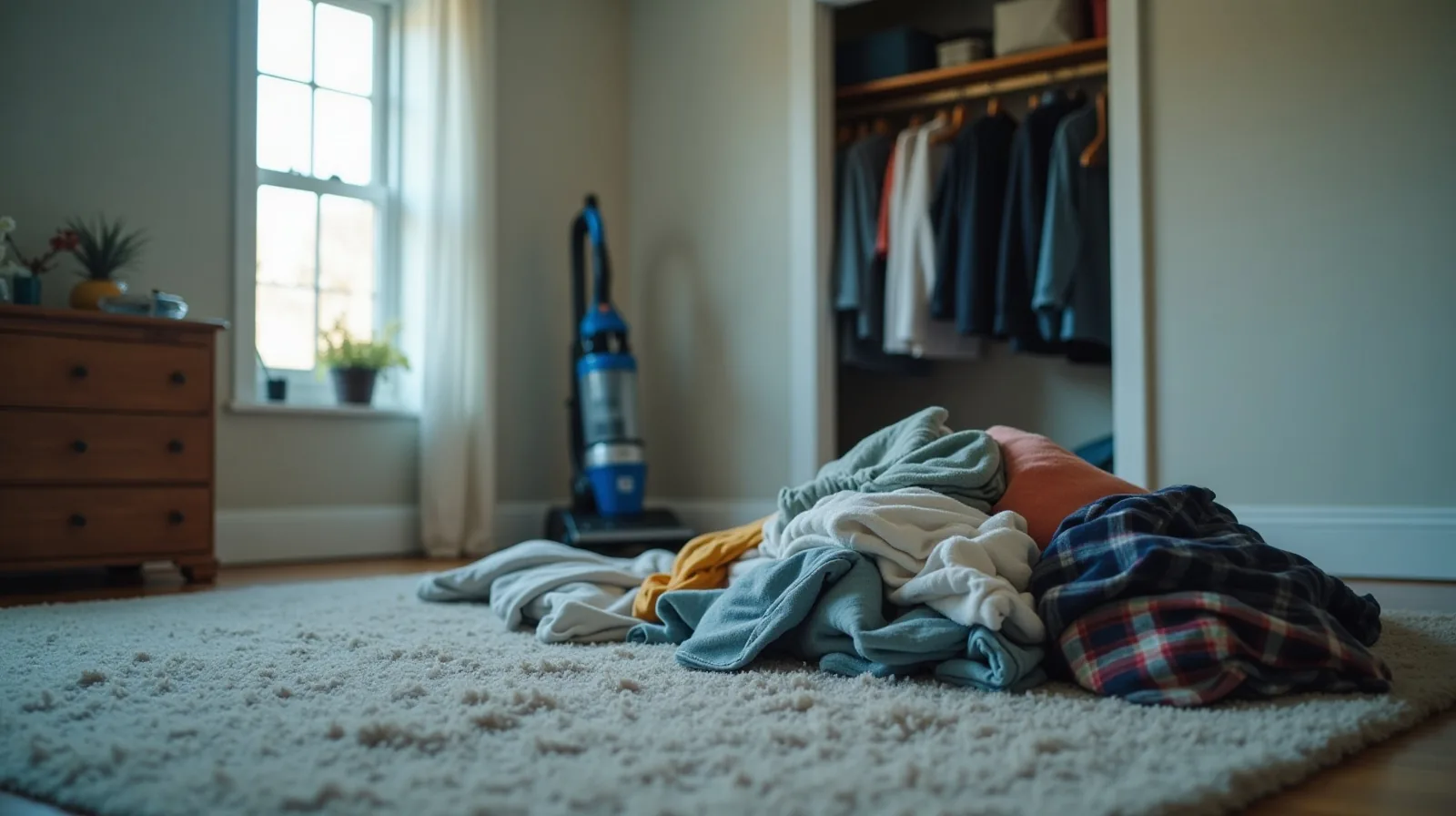 A bedroom floor covered with clothes sorted into four heaps in front of an emptied closet with a bare rod, a vacuum leaning in the doorway