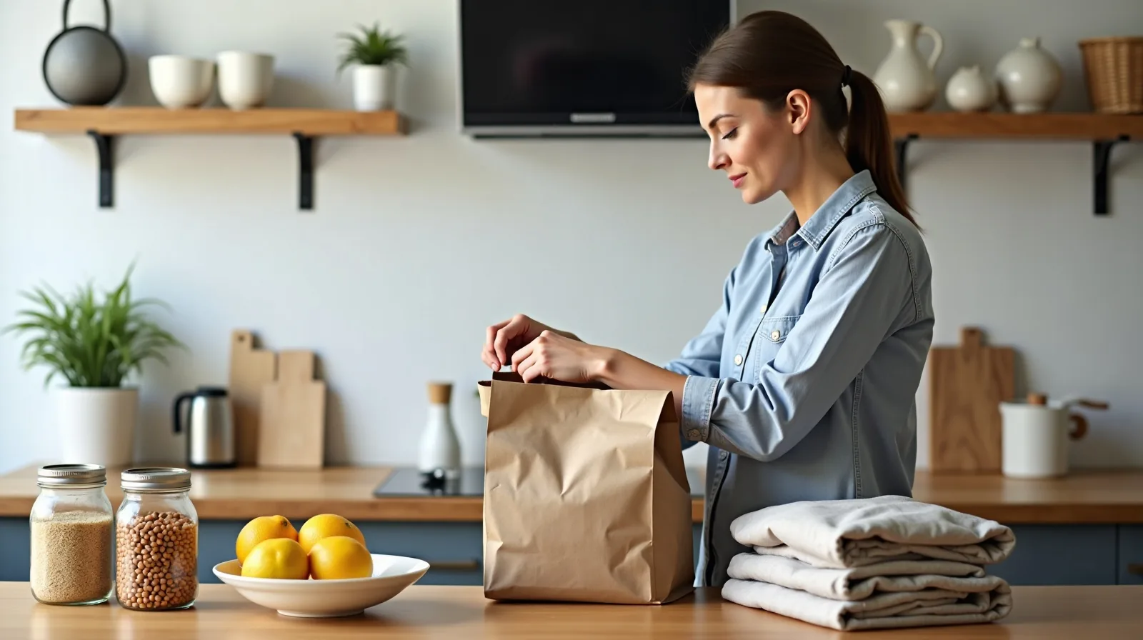 A person seen in profile at a kitchen counter unpacking a paper grocery bag beside jars of dried beans, a bag of rice, a bowl of onions and lemons, and folded reusable bags.