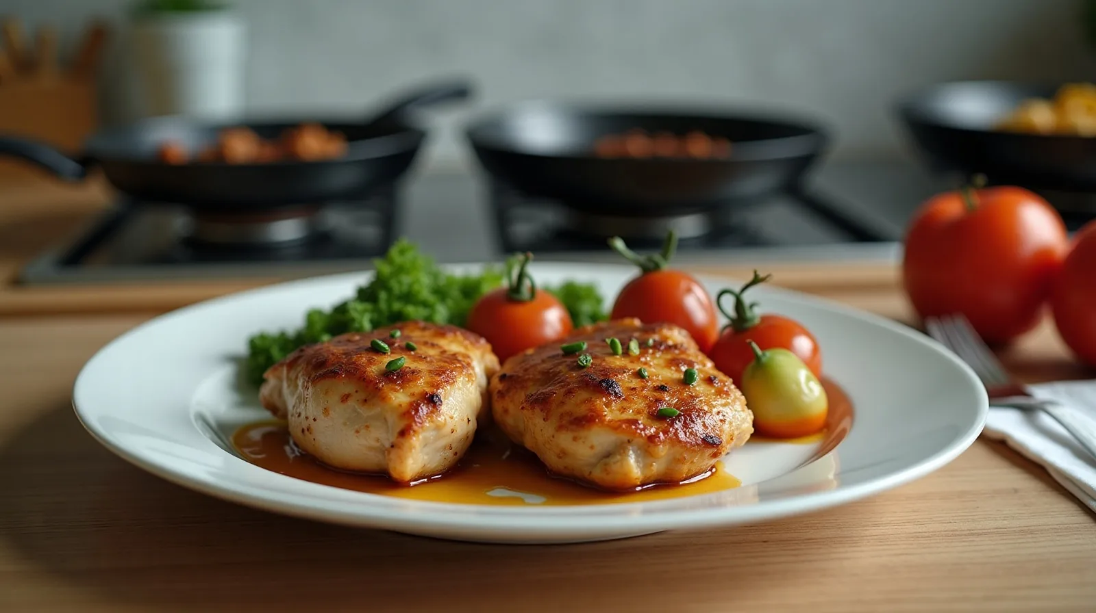 A plate of browned chicken thighs and roasted vegetables on a kitchen table with the stove and skillets in the background