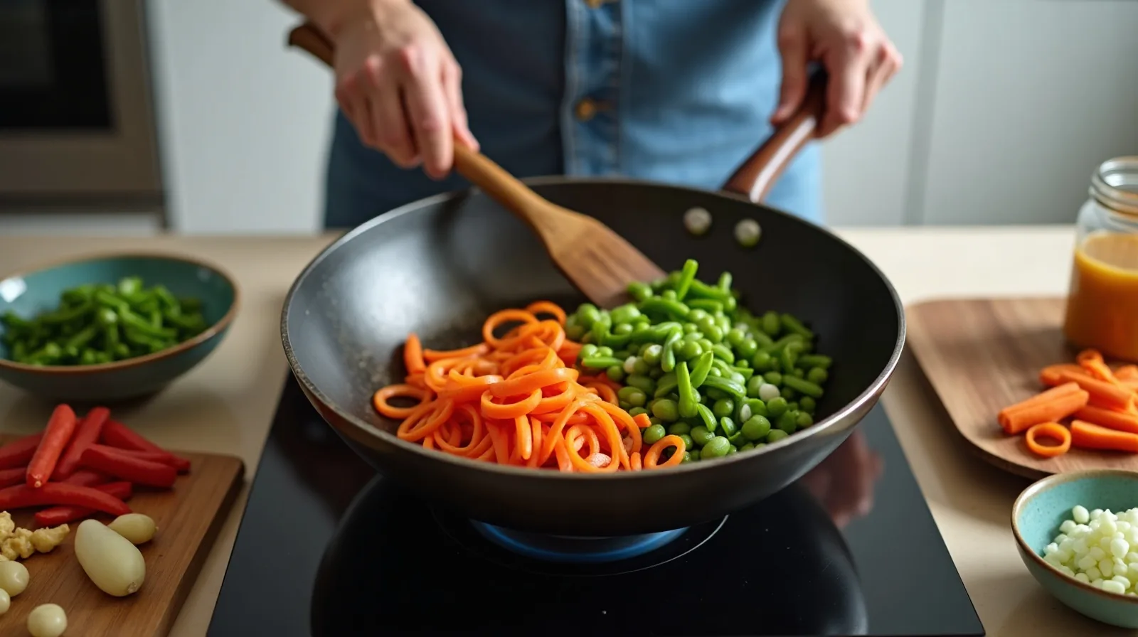 Hands tipping sliced peppers and snap peas into a hot carbon steel wok on a home stove, with prepped bowls and a small jar of sauce crowding the counter