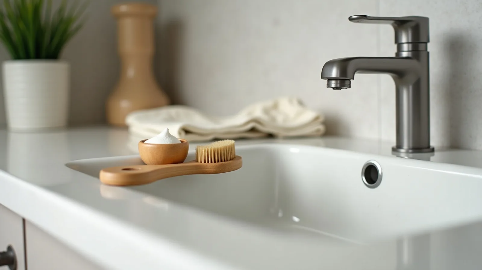 Wooden nail brush, open jar of hand balm and folded cotton gloves on the edge of a bathroom sink.