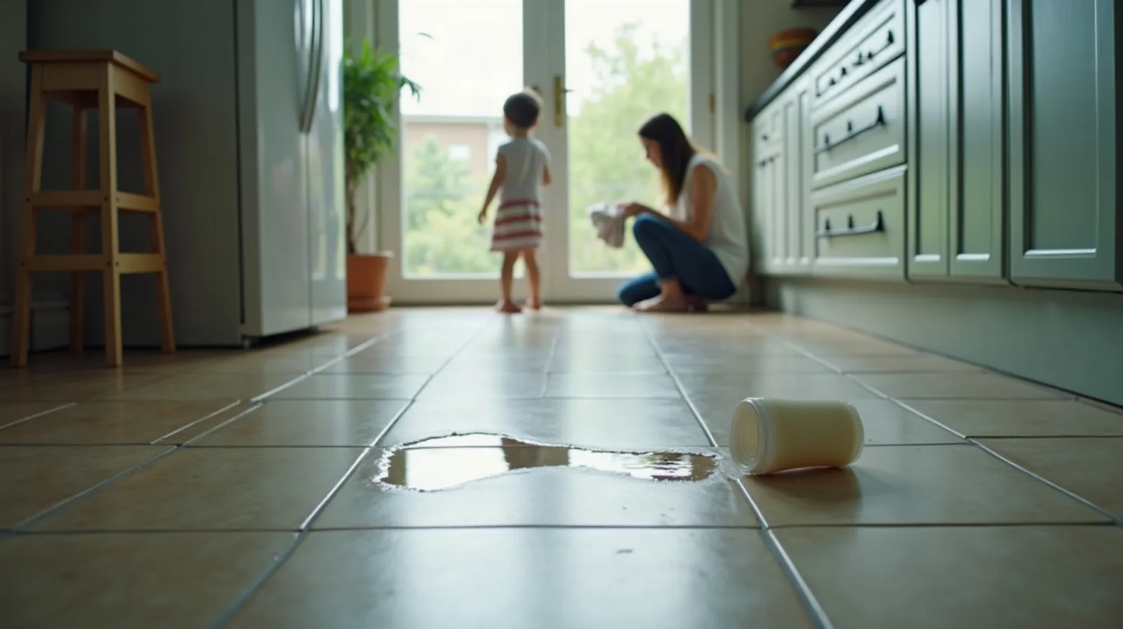 A wide kitchen scene with a puddle of spilled milk on the floor and an overturned cup, a small child standing in the doorway seen from behind while a parent crouches with a dish towel, a wooden step stool beside the counter