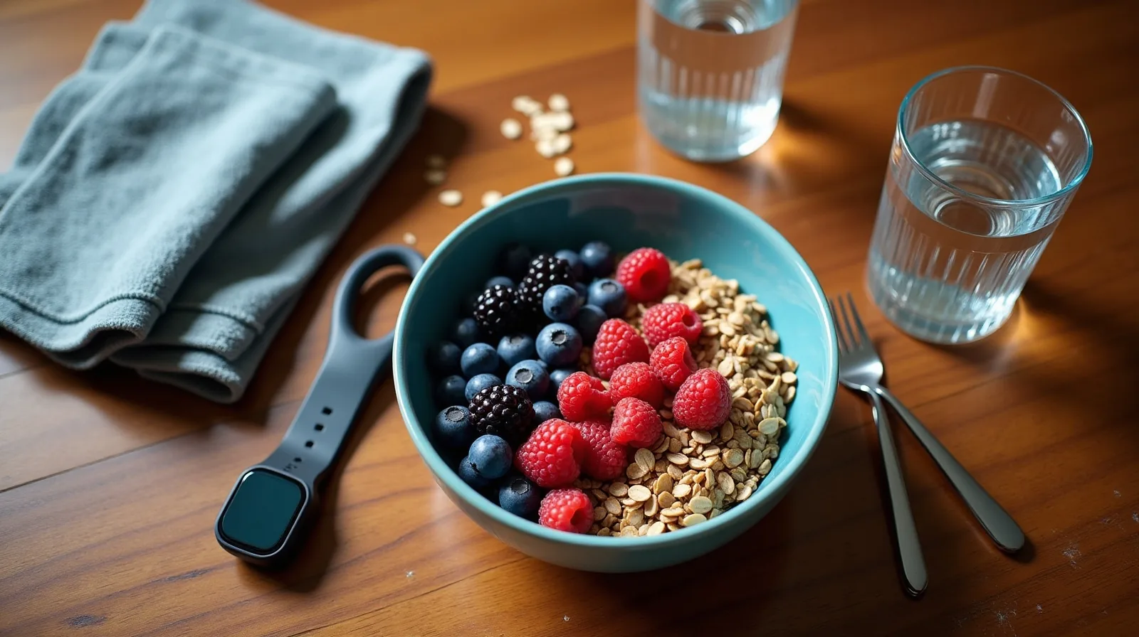 An overhead view of a kitchen table after an early workout with a bowl of oatmeal and berries, a glass of water, and a coiled heart-rate chest strap